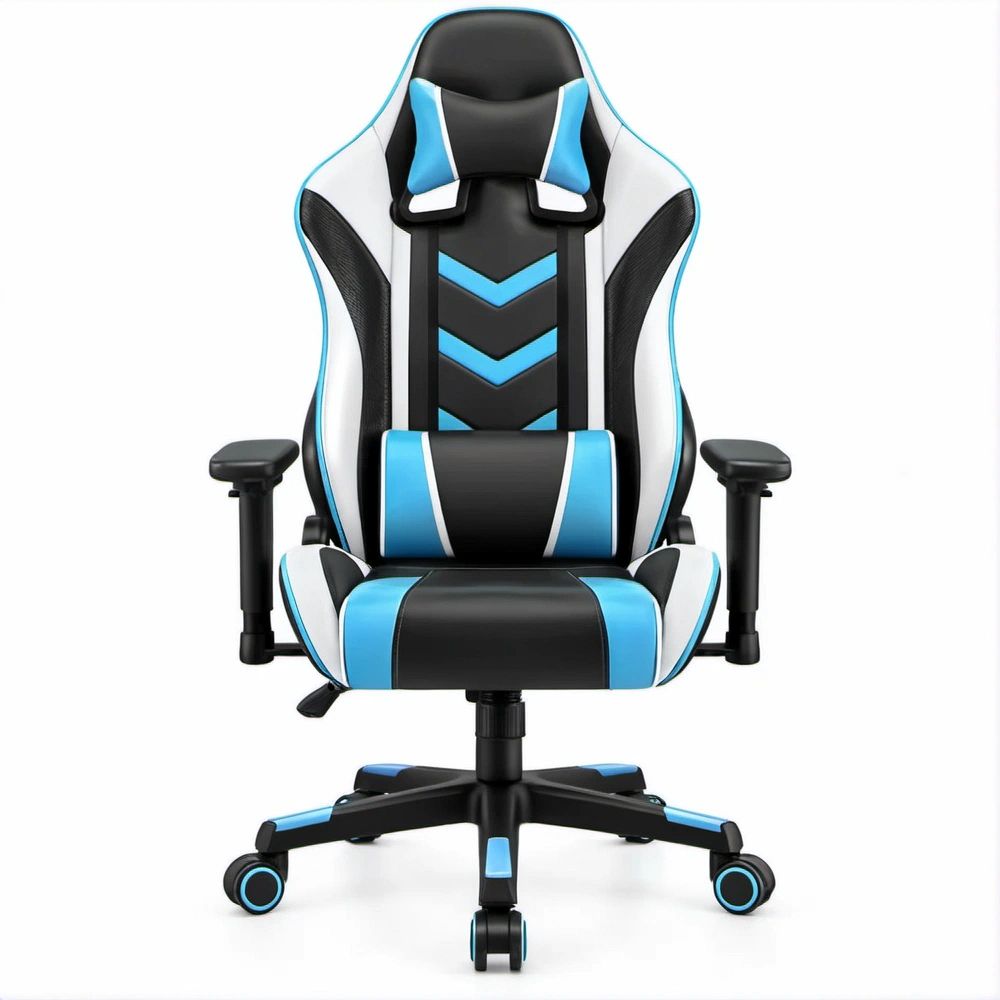 Ergonomischer Gamingstuhl aus PU-Kunstleder in Schwarz/Blau/Weiss, 70 x 70 x 125–135 cm