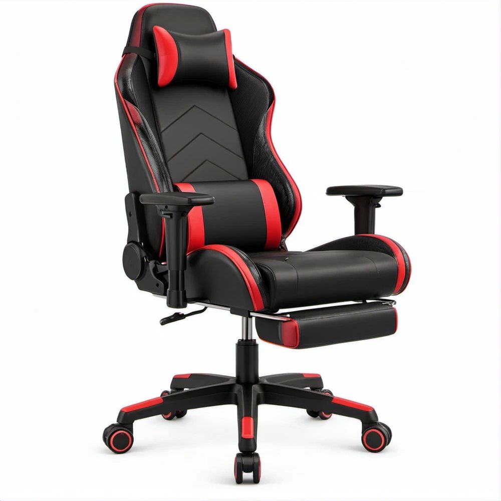 Gamingstuhl Schwarz/Rot aus PU-Kunstleder mit Fussstütze, 68 x 70 x 125–135 cm