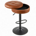 Barhocker mit Stauraum, cognacbraunes PU-Kunstleder, Schwarz, Ø 48 cm, Höhe 60–82 cm