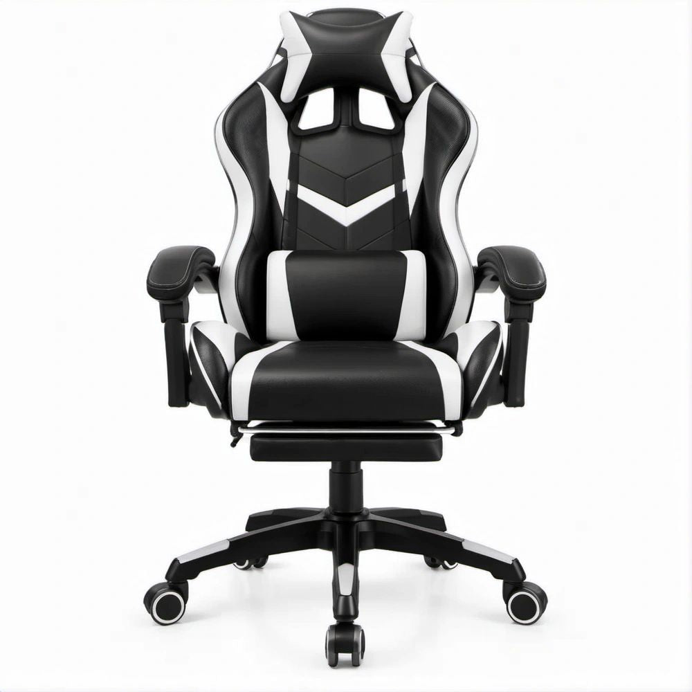 Gamingstuhl in Racingform Schwarz/Weiss aus PU-Kunstleder mit Fussstütze, 68 x 68 x 122–132 cm