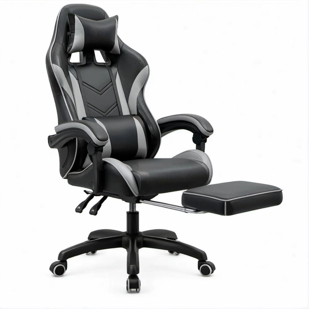 Gamingstuhl mit ausziehbarer Fussstütze, Schwarz/Grau, 70 x 70 x 116–126 cm