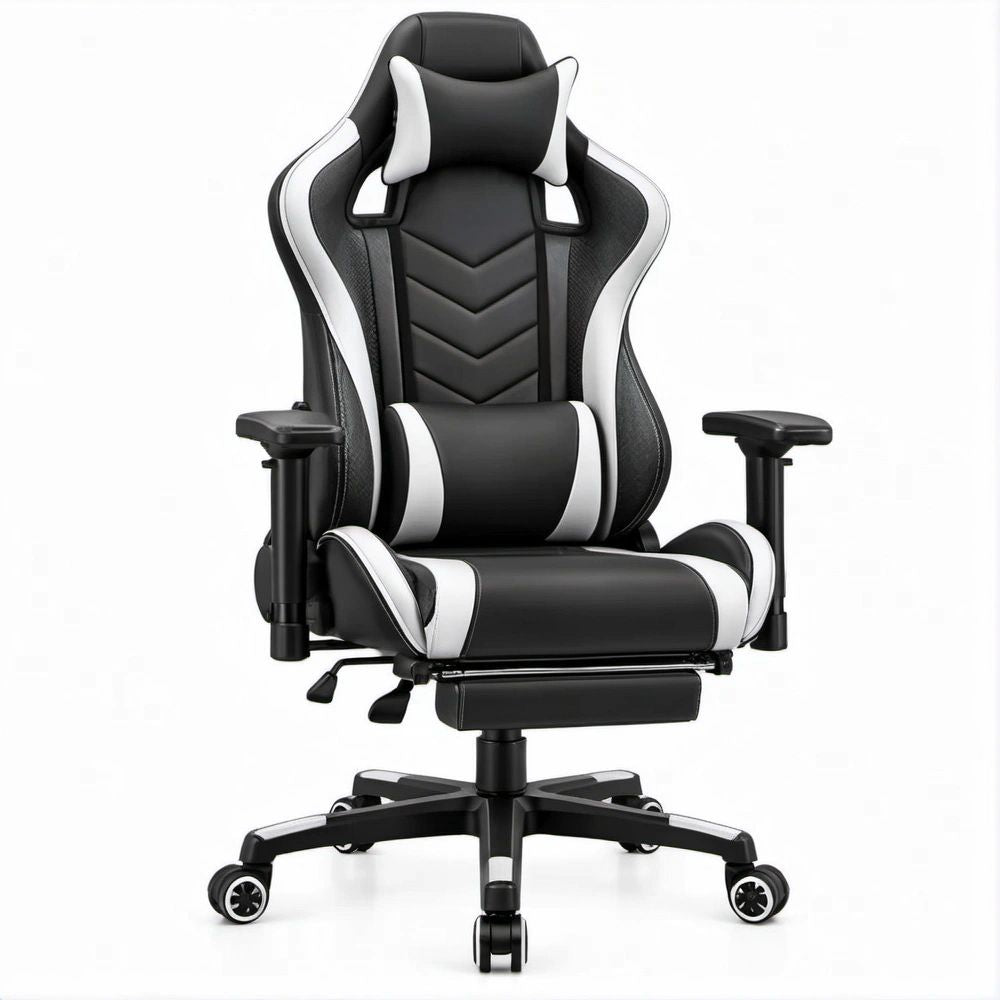 Gamingstuhl Schwarz/Weiss aus PU-Kunstleder mit Fussstütze, 67 x 67 x 125–135 cm