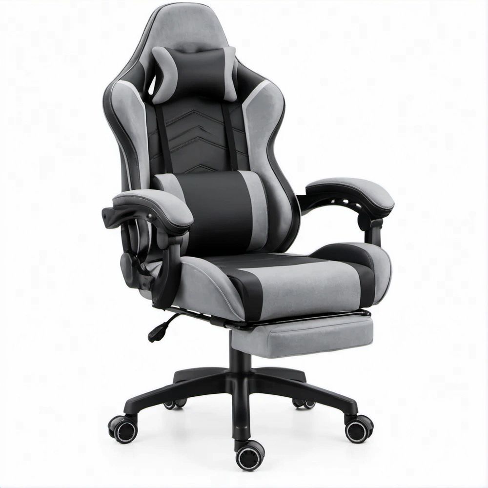 Gaming-Sessel Schwarz/Grau aus PU-Kunstleder mit ausziehbarer Fussstütze, 70 x 70 x 120–130 cm