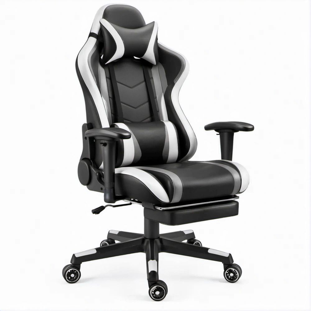 Gamingstuhl Schwarz/Weiss aus PU-Kunstleder mit Fussstütze, 66 x 66 x 120–130 cm