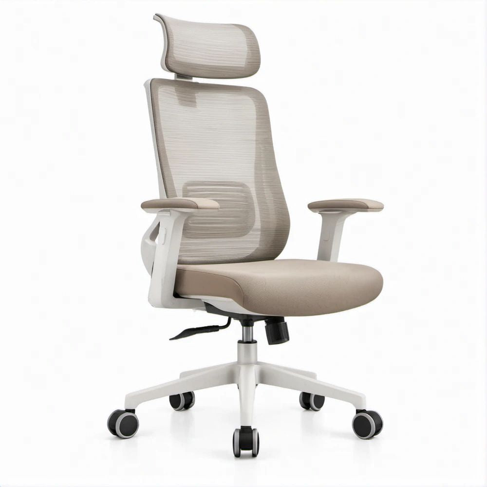 Ergonomischer Bürostuhl mit Kopfstütze und Armlehnen, Beige/Weiss/Schwarz, 66 x 66 x 118–128 cm