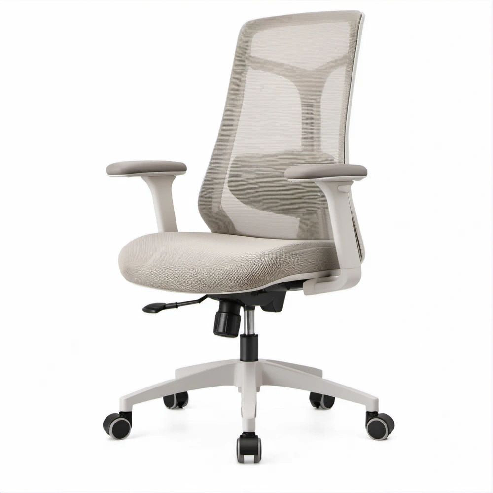 Ergonomischer Bürostuhl mit hoher Netz-Rückenlehne, Armlehnen und Rollen, Beige/Hellgrau/Schwarz, 64 x 64 x 116–126 cm